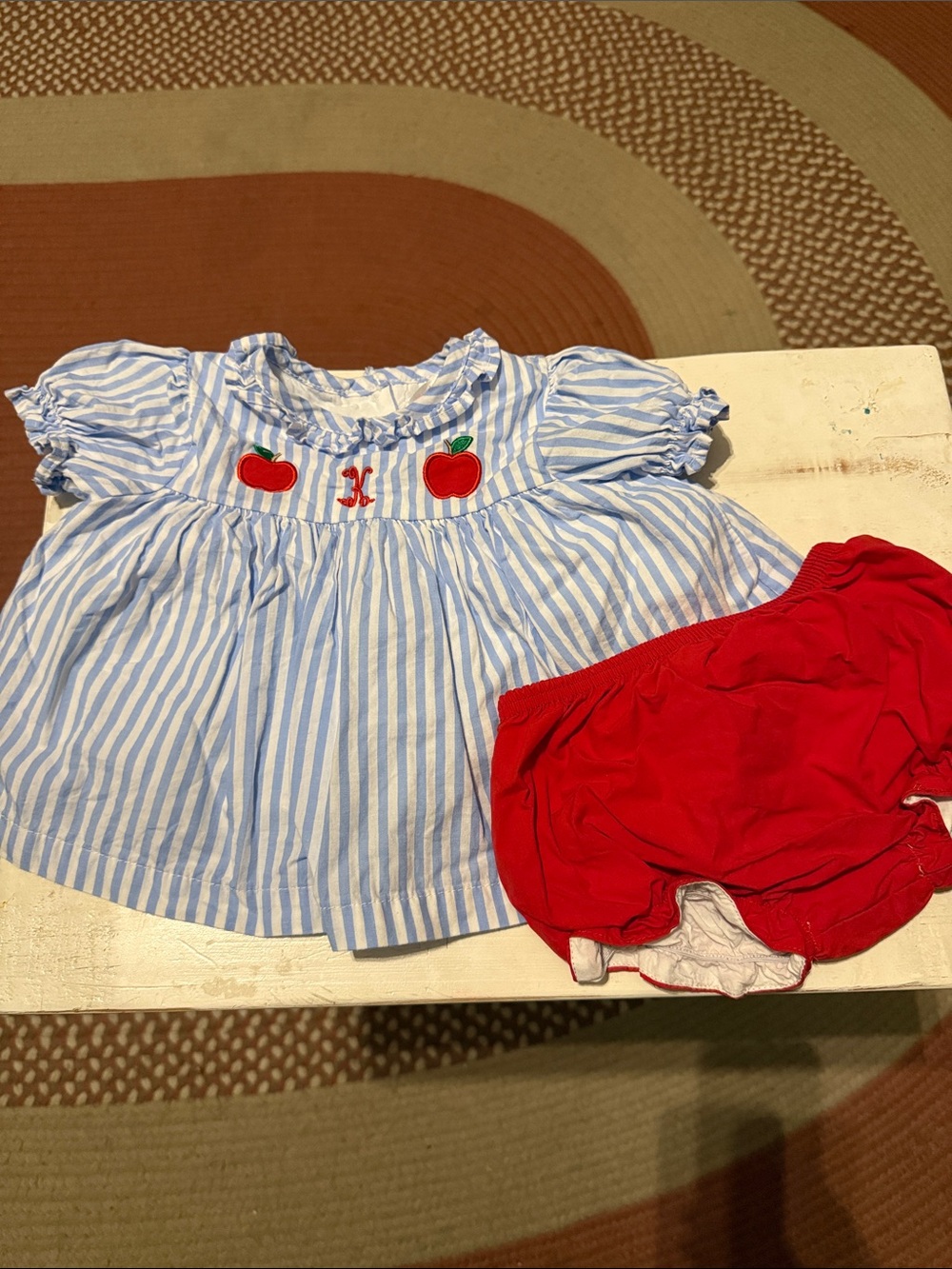 Blue & White Striped Baby Dress with Red Apple Embroidery “K”& Red Bloomers